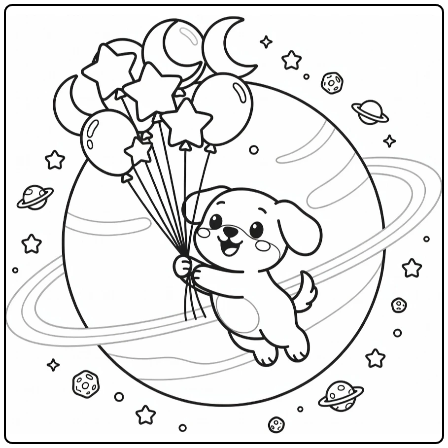 Space dog coloring page: cute pup orbits planet, holds star balloons