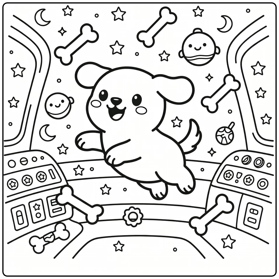 Space dog coloring page: pup chasing floating bones in zero-G spaceship