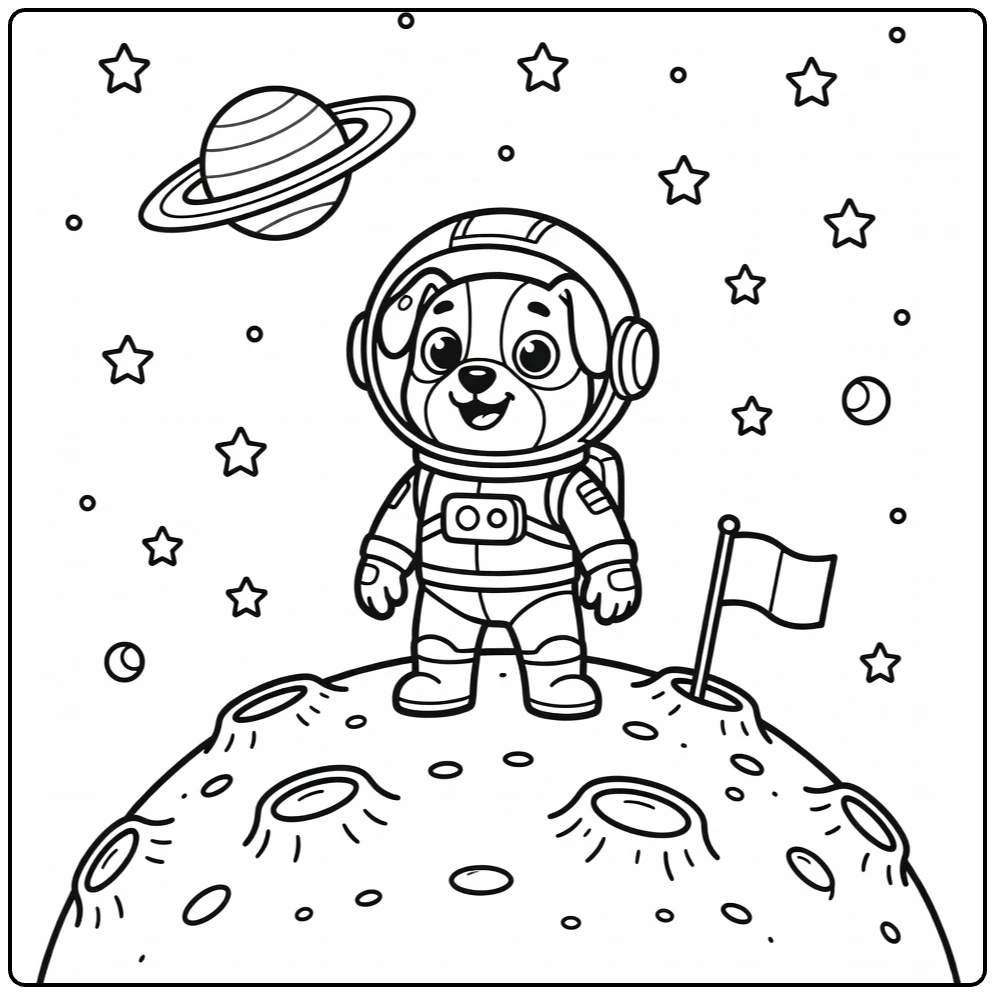 Space dog coloring page: pup in spacesuit on moon with craters, stars
