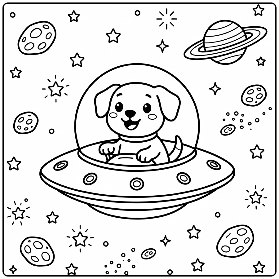 Space dog coloring page: pup pilots saucer amid stars