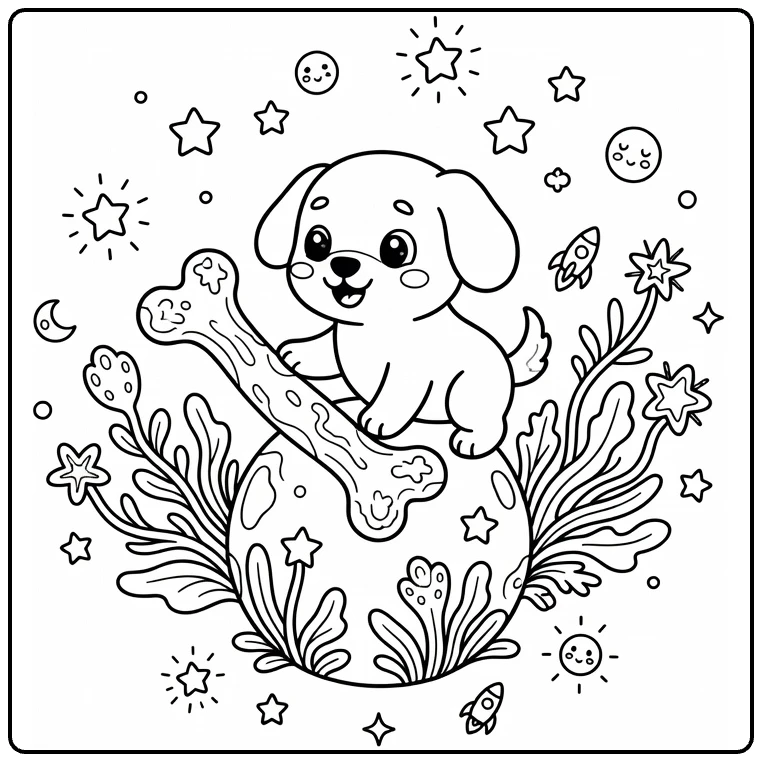 Space dog coloring page: pup finds alien bone on tiny planet