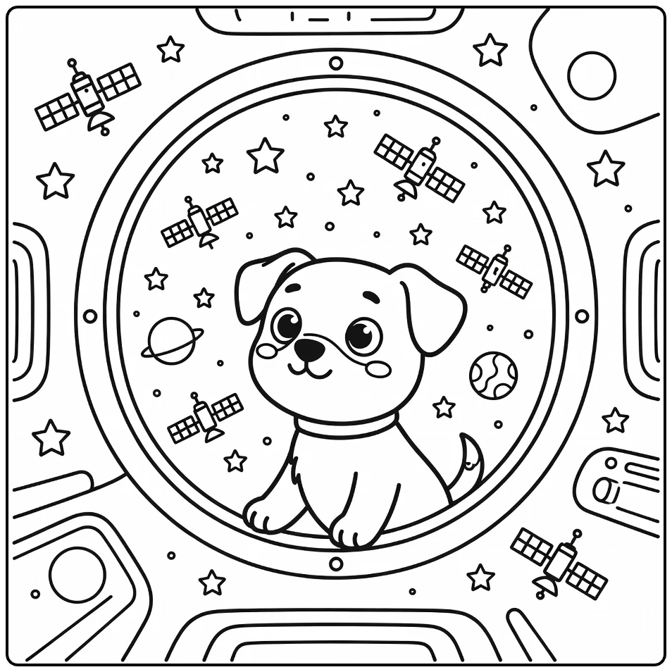 Space dog coloring page: curious pup at space station window