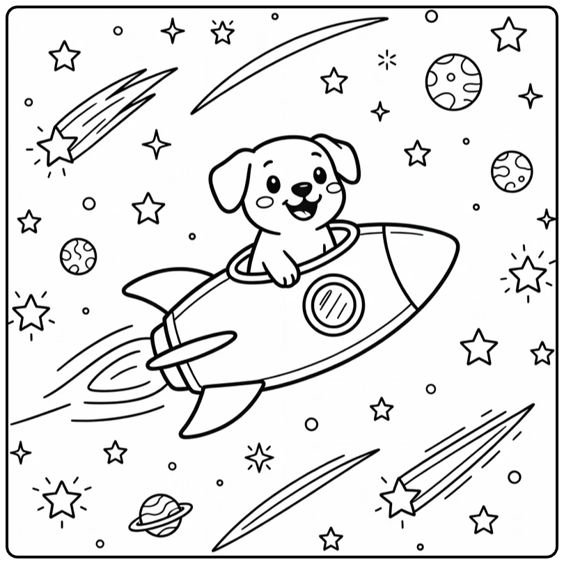 Space dog coloring page: happy pup in rocket amid stars