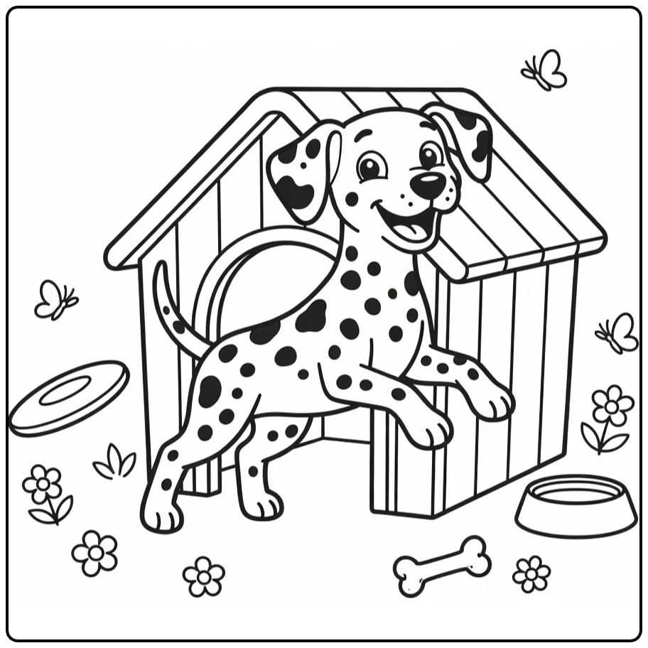 Playful Dalmatian jumping from Dog House coloring page
