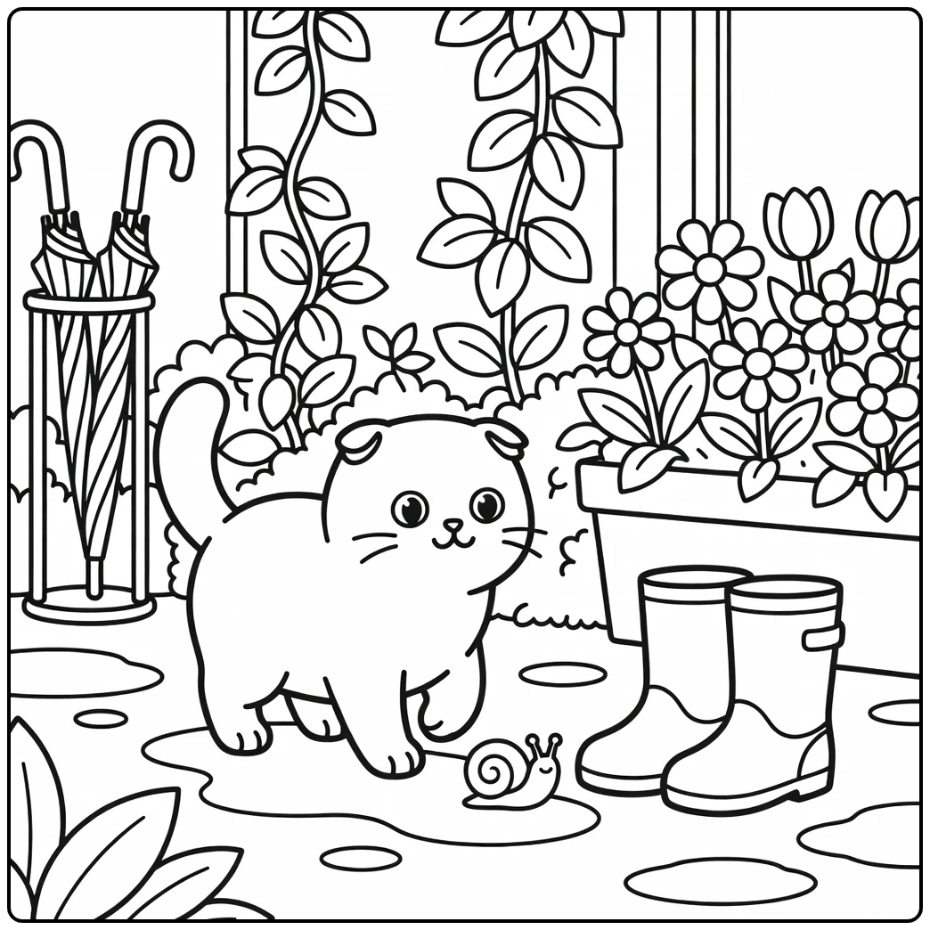 Spring cat coloring pages: Scottish Fold eyes snail by puddles