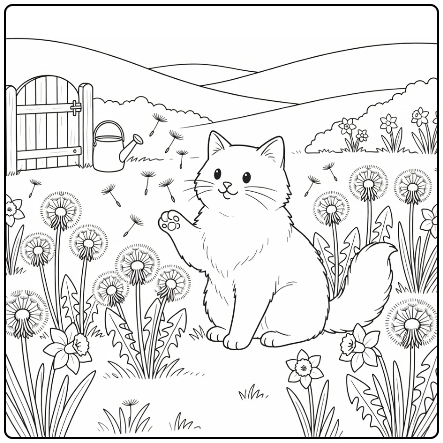 Spring cat coloring pages: fluffy Angora batting dandelions