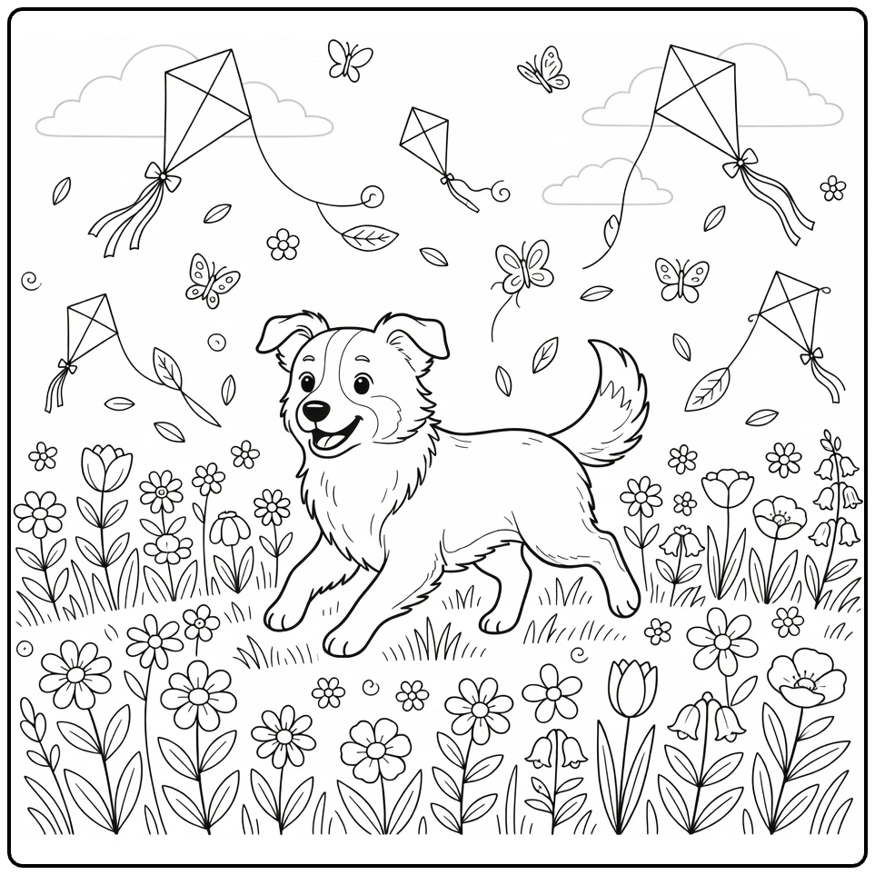 Spring Dog coloring pages: Border Collie in wildflowers