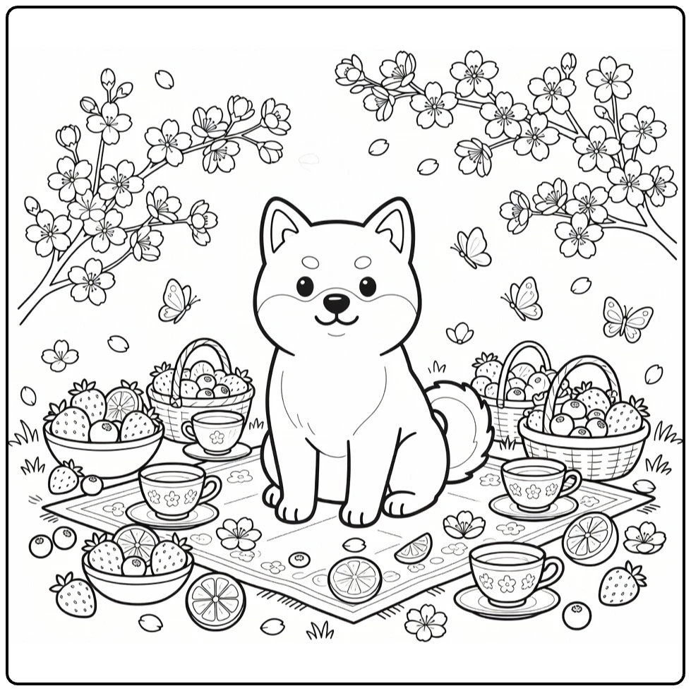 Spring Dog coloring pages: Shiba Inu on picnic blanket with fruits, branches, teacups, butterflies