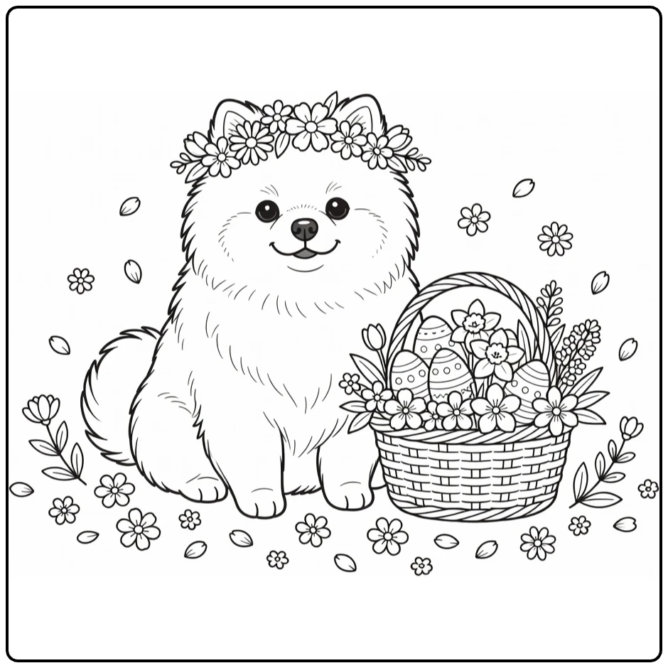 Spring Dog coloring pages: Pomeranian with flower crown & eggs