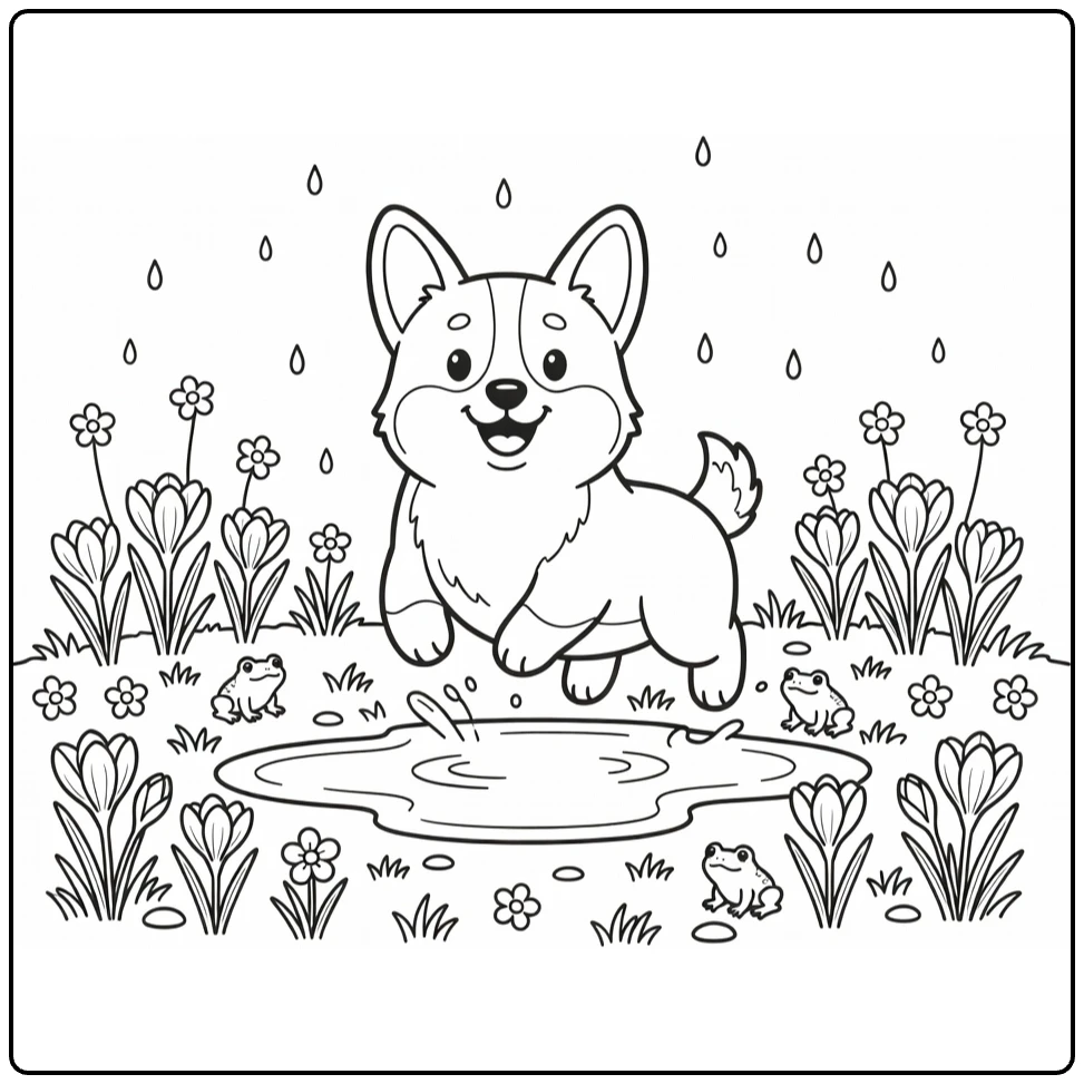 Spring Dog coloring pages: Corgi hopping puddle with crocuses