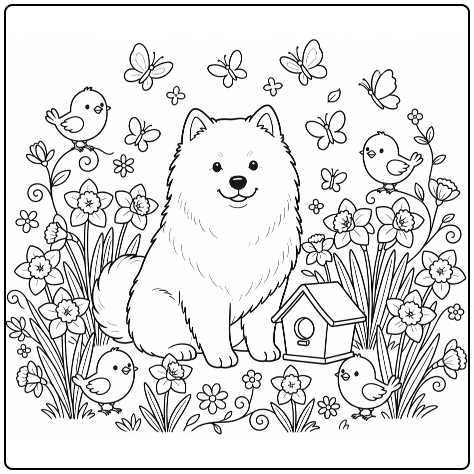 Spring Dog coloring pages: fluffy Samoyed by birdhouse