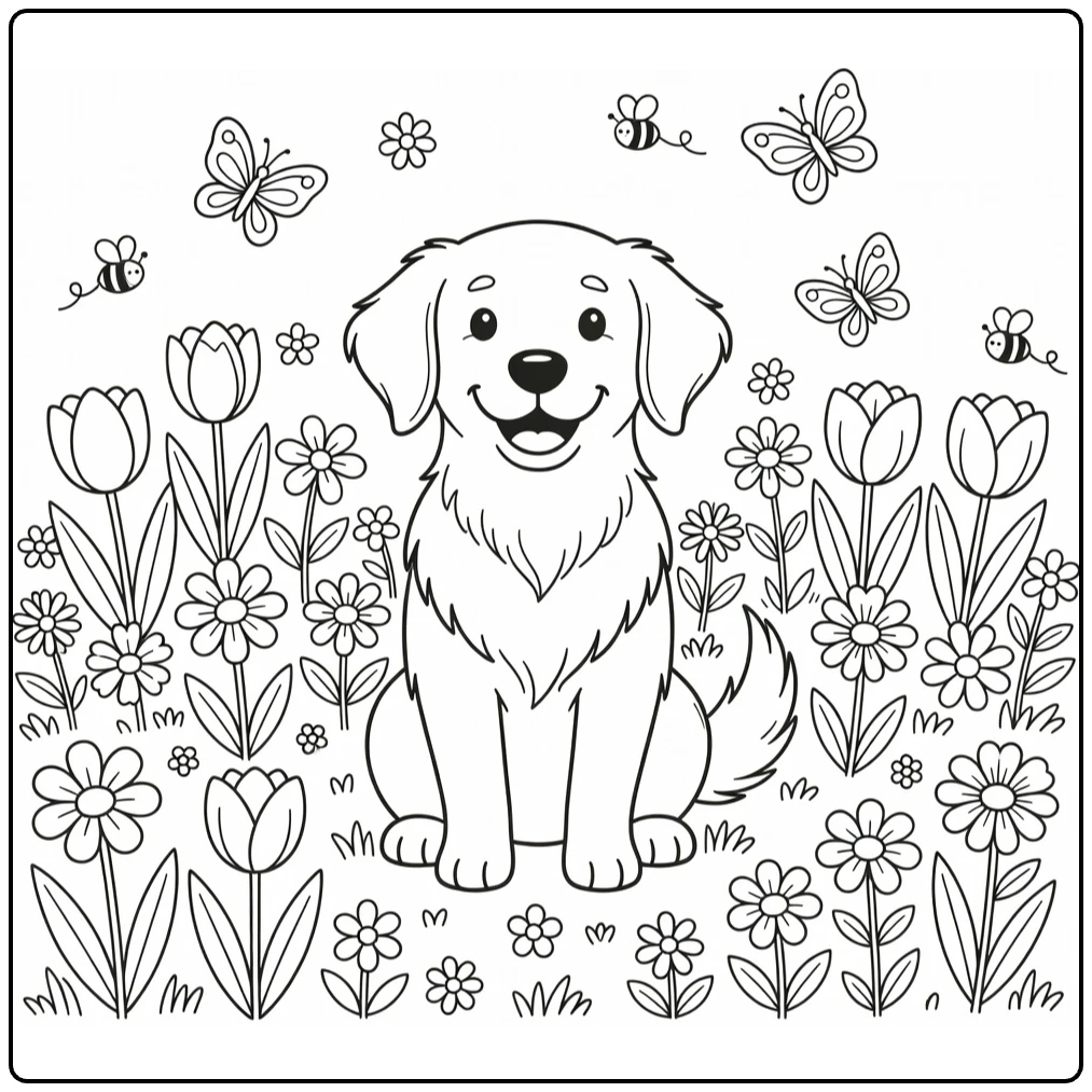 Spring Dog coloring pages: Golden Retriever in flower meadow