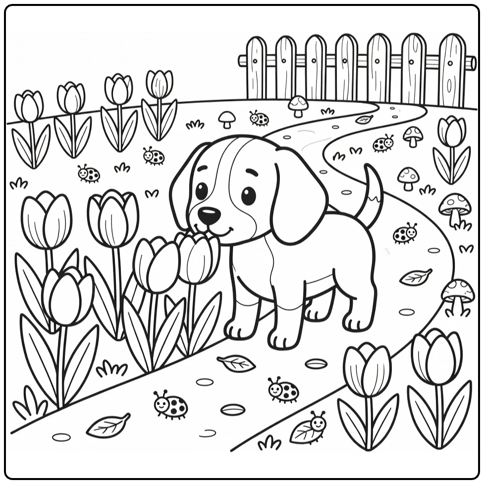 Spring Dog coloring pages: Beagle sniffing tulips in garden
