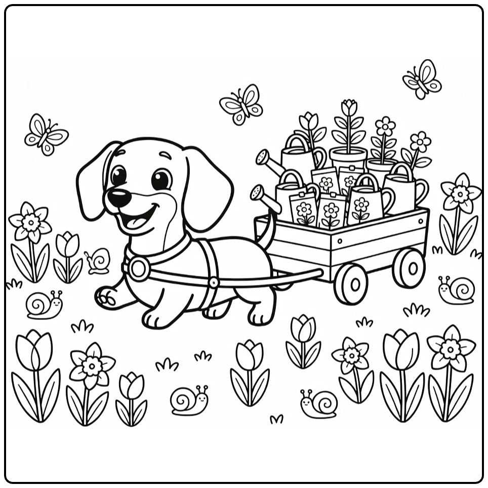 Spring Dog coloring pages: Happy Dachshund pulls wagon of flowers in garden