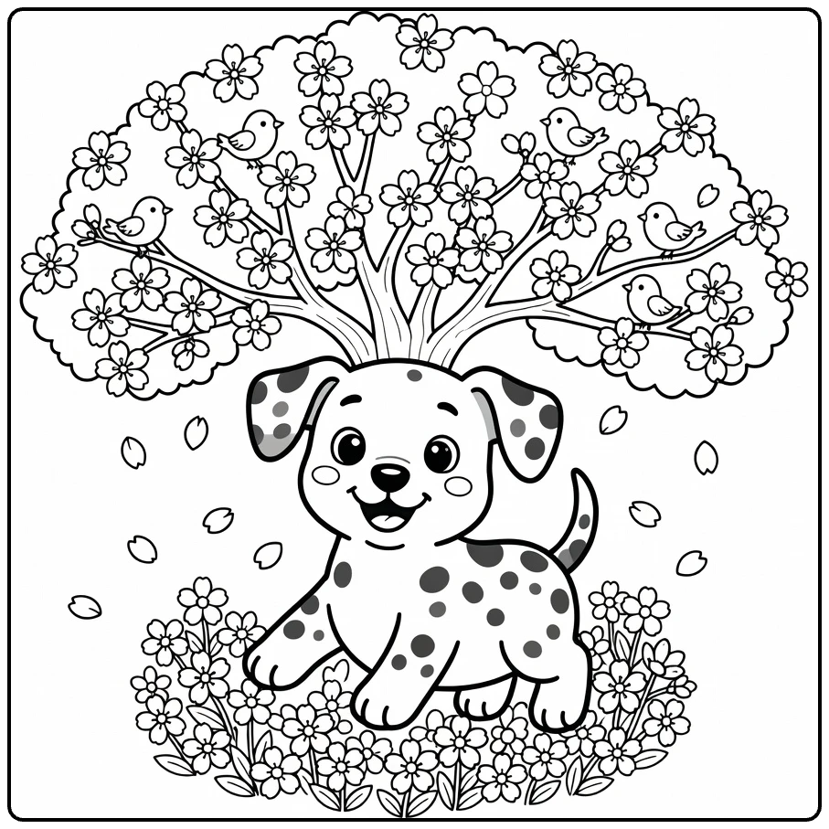 Spring Dog coloring pages: Dalmatian puppy under cherry tree