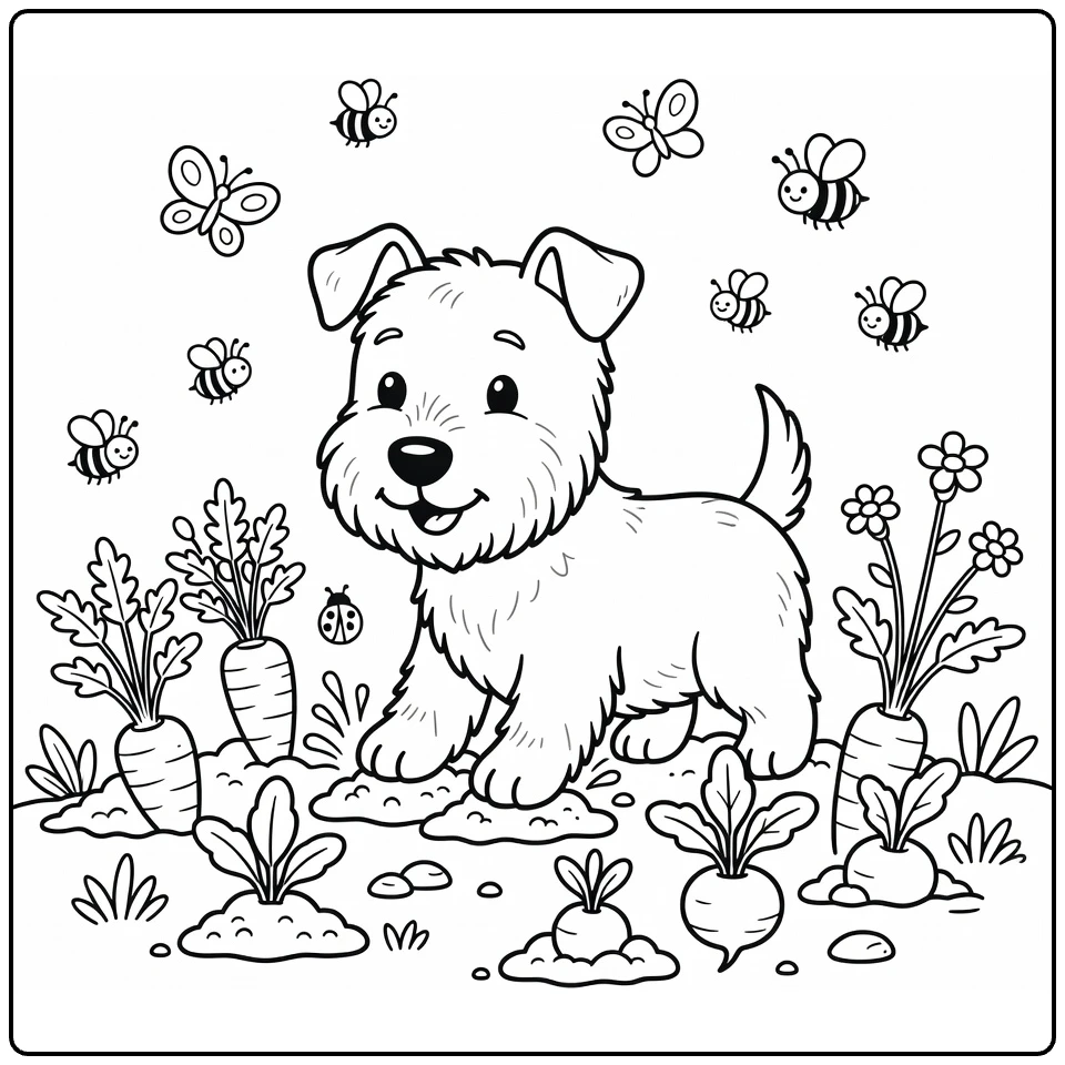 Spring Dog coloring pages: Scottie digs in veggie patch