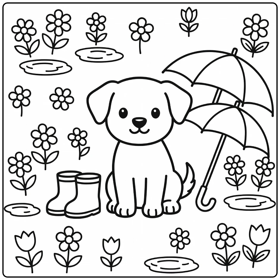 Spring Puppy Coloring Page: Puppy with rain boots, umbrella, flowers