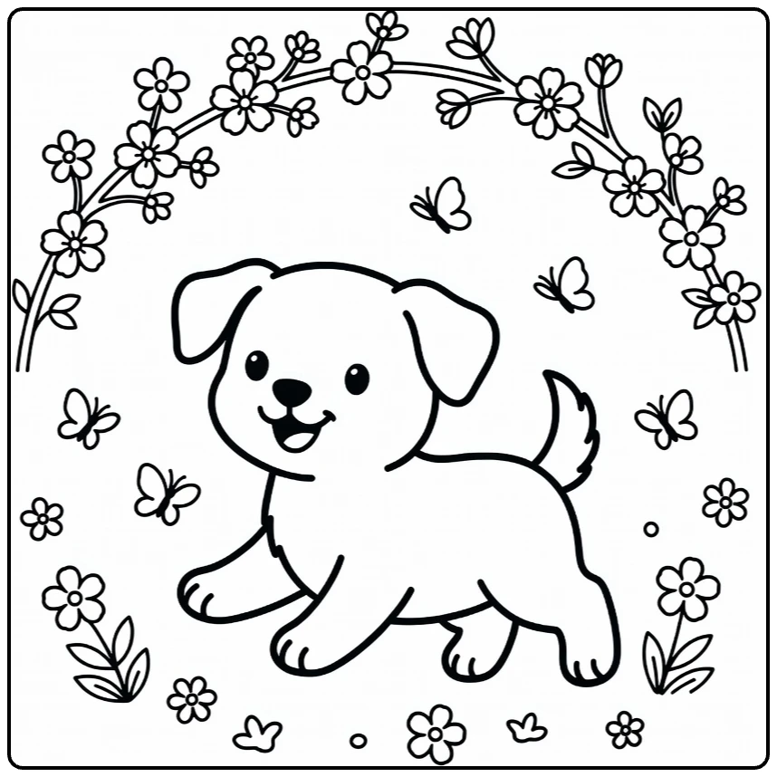 Spring Puppy Coloring Page: cheerful pup chases butterflies under blossoms