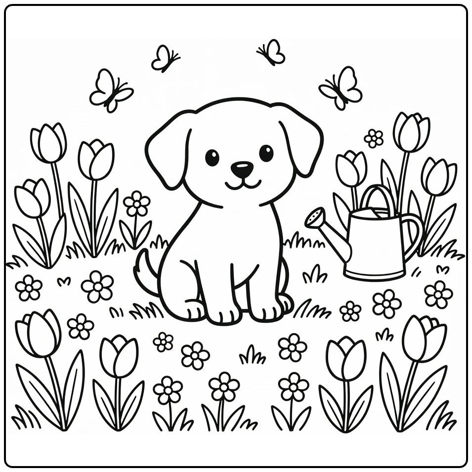 Spring Puppy Coloring Page: pup in tulip meadow