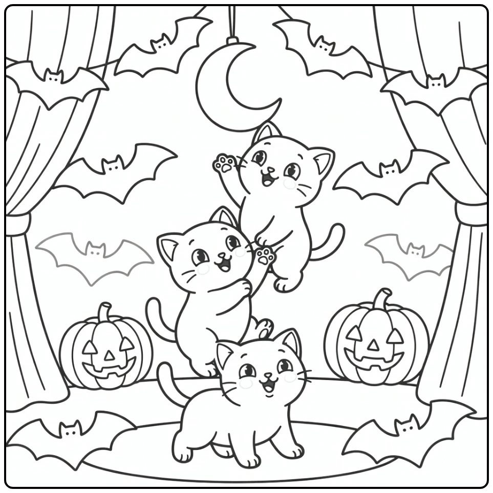 Halloween cat coloring pages: stacked kittens reach moon