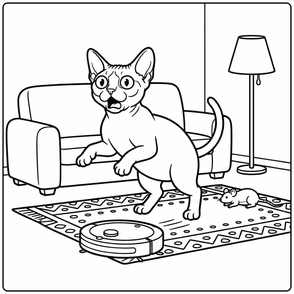 Cat meme coloring pages: shocked Devon Rex vs robot vacuum