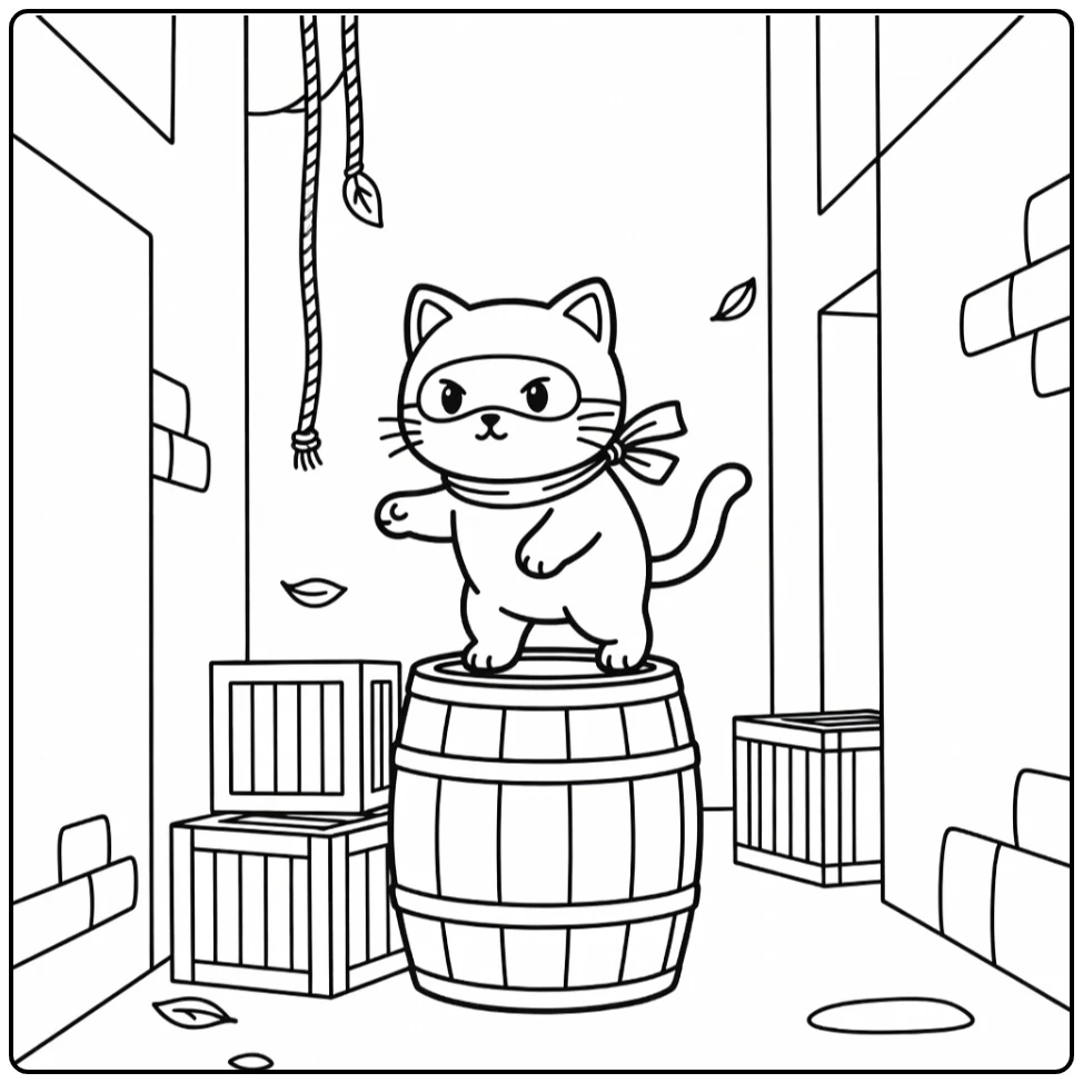 Cat ninja balancing on barrel in alley, cat ninja coloring pages