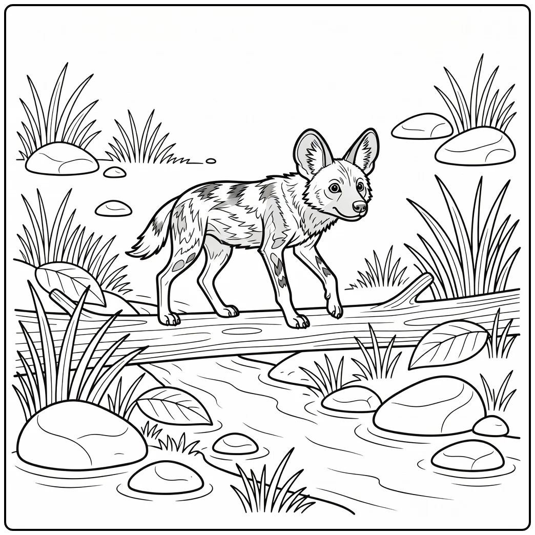 Cute african wild dog coloring page of a pup on a log.