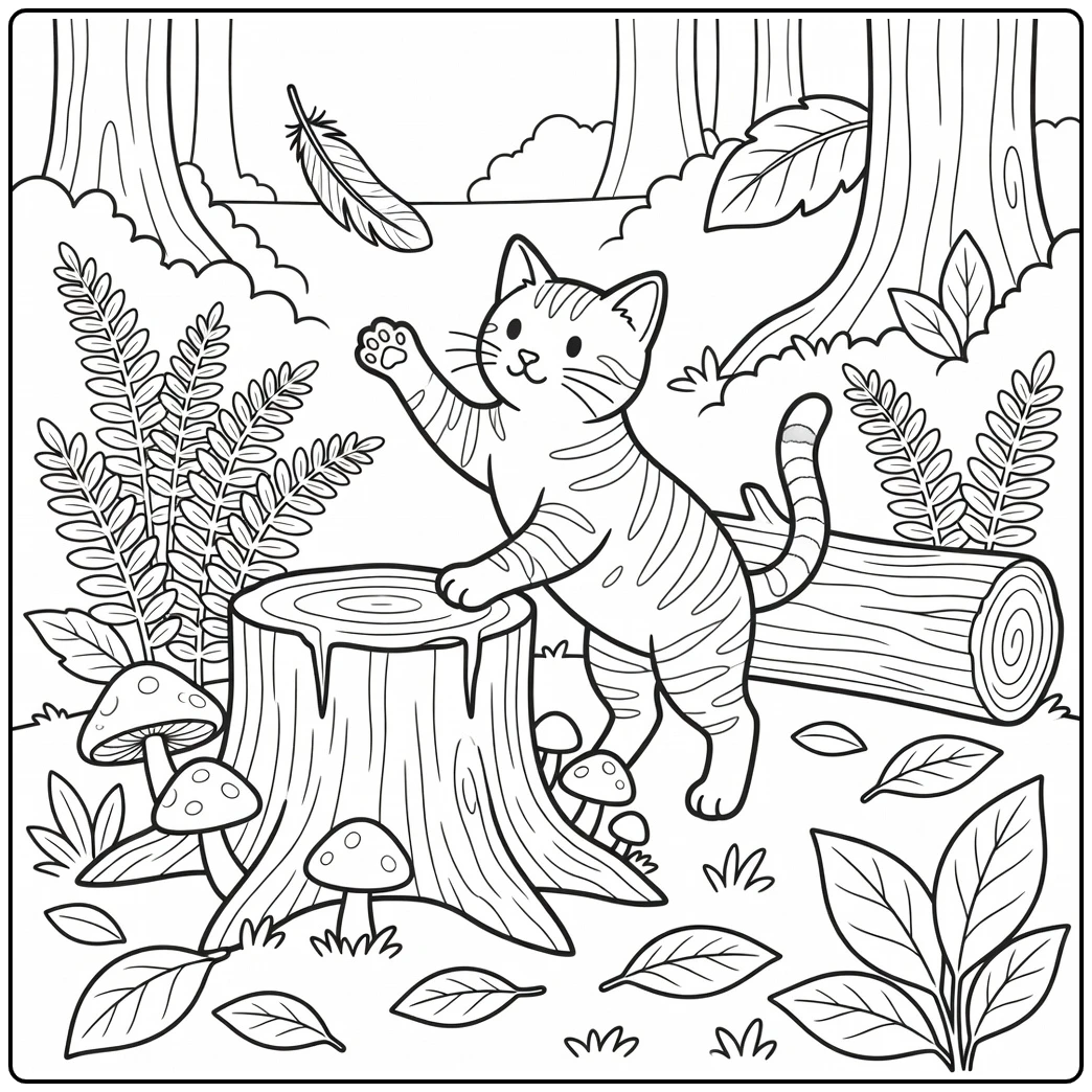 Striped cat coloring pages: Sokoke cat reaches for feather