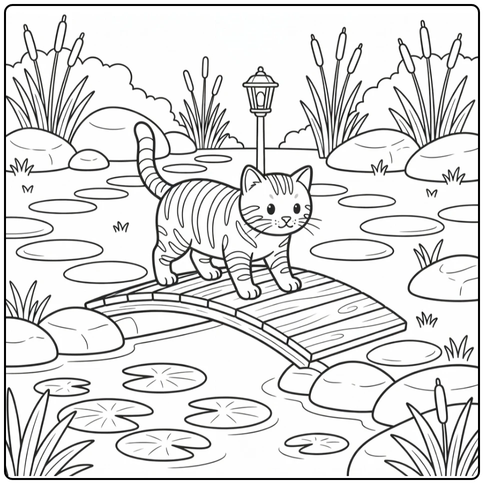 Striped cat coloring pages: Toyger on footbridge lily pads