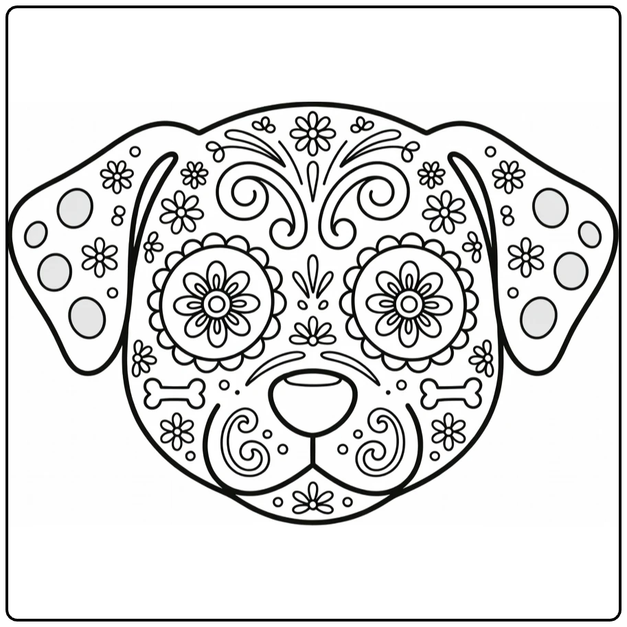 Sugar skull Dog coloring page of Dalmatian face with flowers