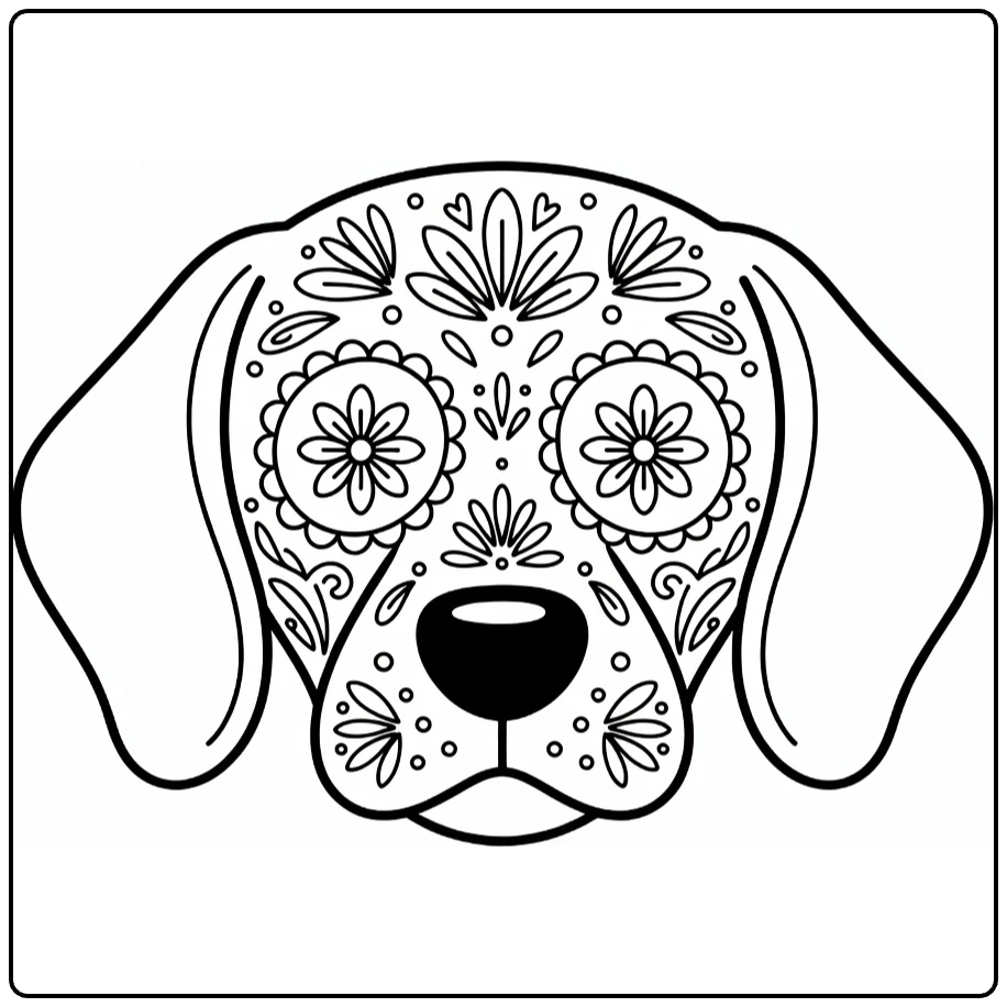 Sugar skull Dog coloring page: Beagle face with flower eyes