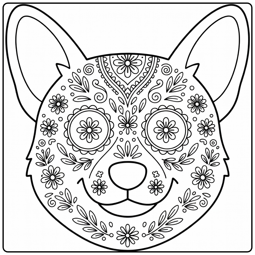 Sugar skull Dog coloring page: Corgi face with floral eyes