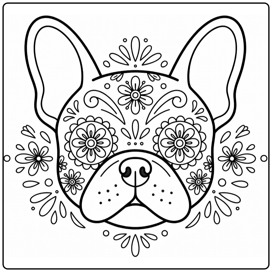Sugar skull Dog coloring page: French Bulldog face with floral eyes