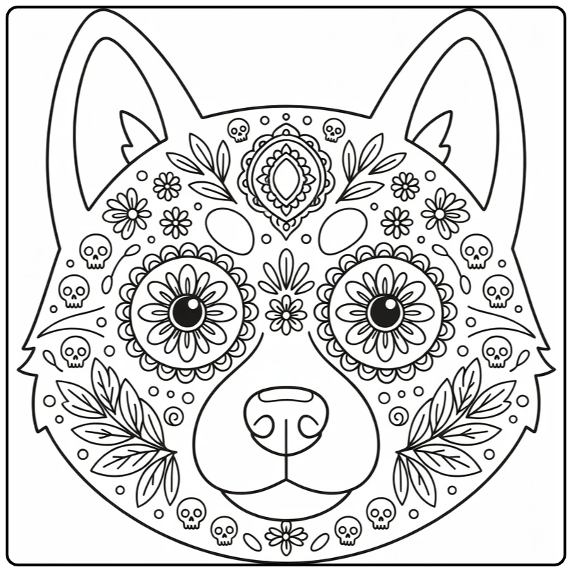 Sugar skull Dog coloring page: Husky face with floral eyes