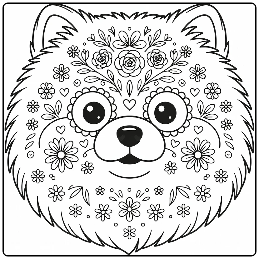 Sugar skull Dog coloring page: fluffy Pomeranian face