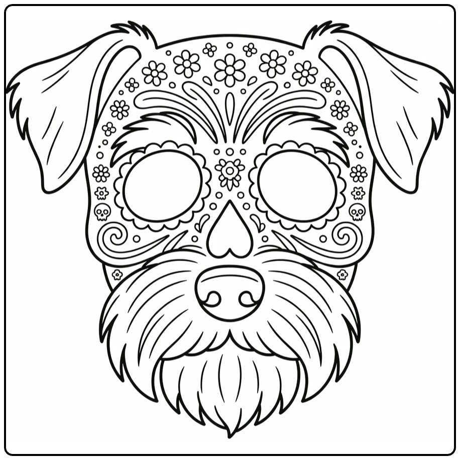 Sugar skull Dog coloring page: Schnauzer face with flowers