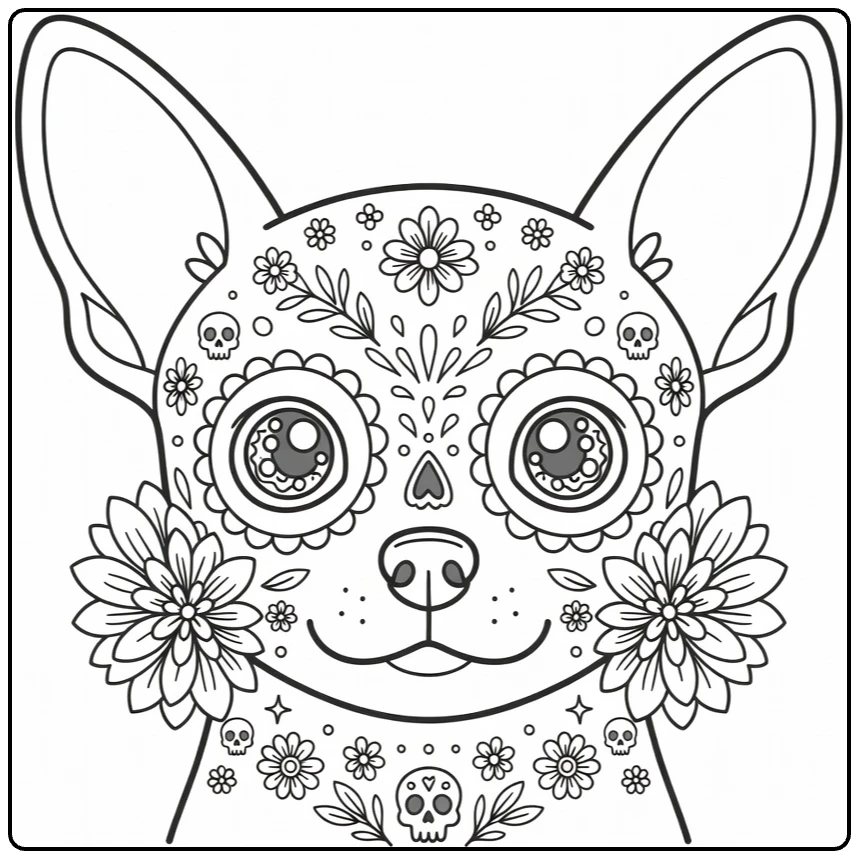 Sugar skull Dog coloring page: Chihuahua face with floral eyes