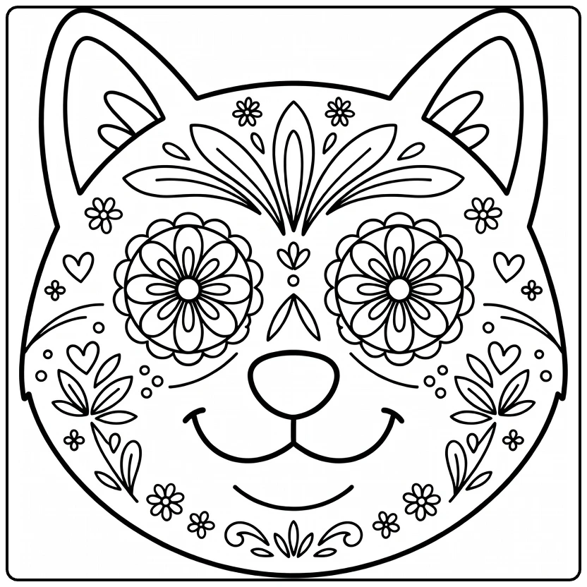 Sugar skull Dog coloring page: Shiba Inu face with floral eyes