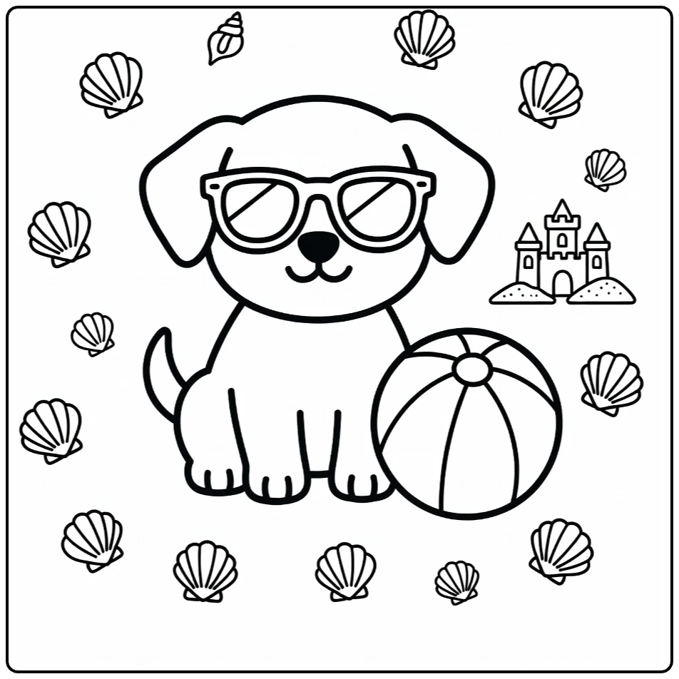 Summer Puppy Coloring Page: puppy with sunglasses, beach ball