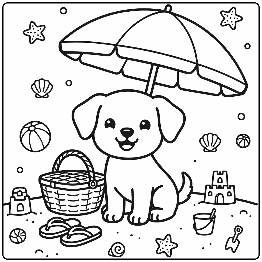 Summer Puppy Coloring Page: cheerful pup under beach umbrella with picnic basket
