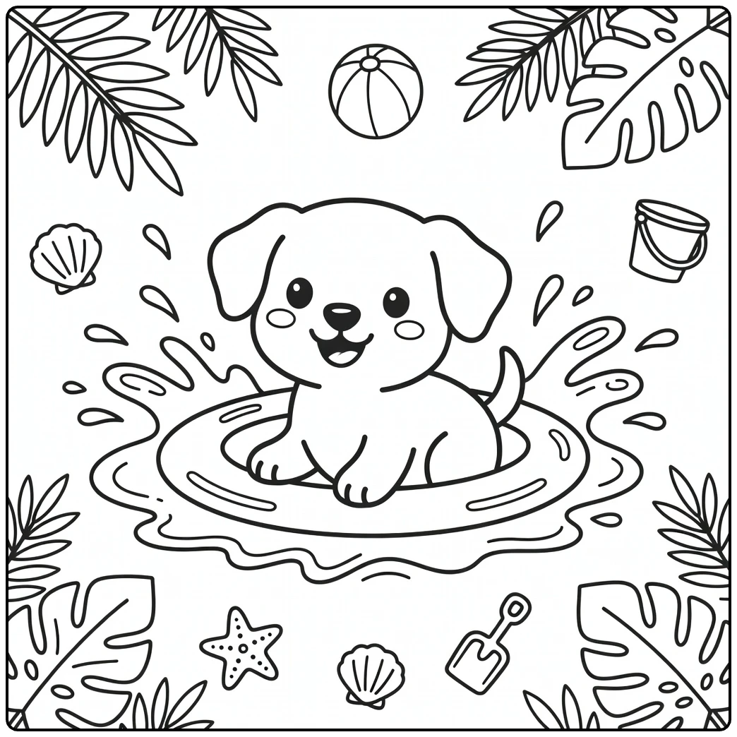 Summer Puppy Coloring Page: Happy pup in pool float with toys