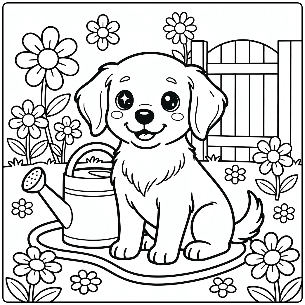 A cute Golden Retriever puppy on a kawaii dog coloring page.