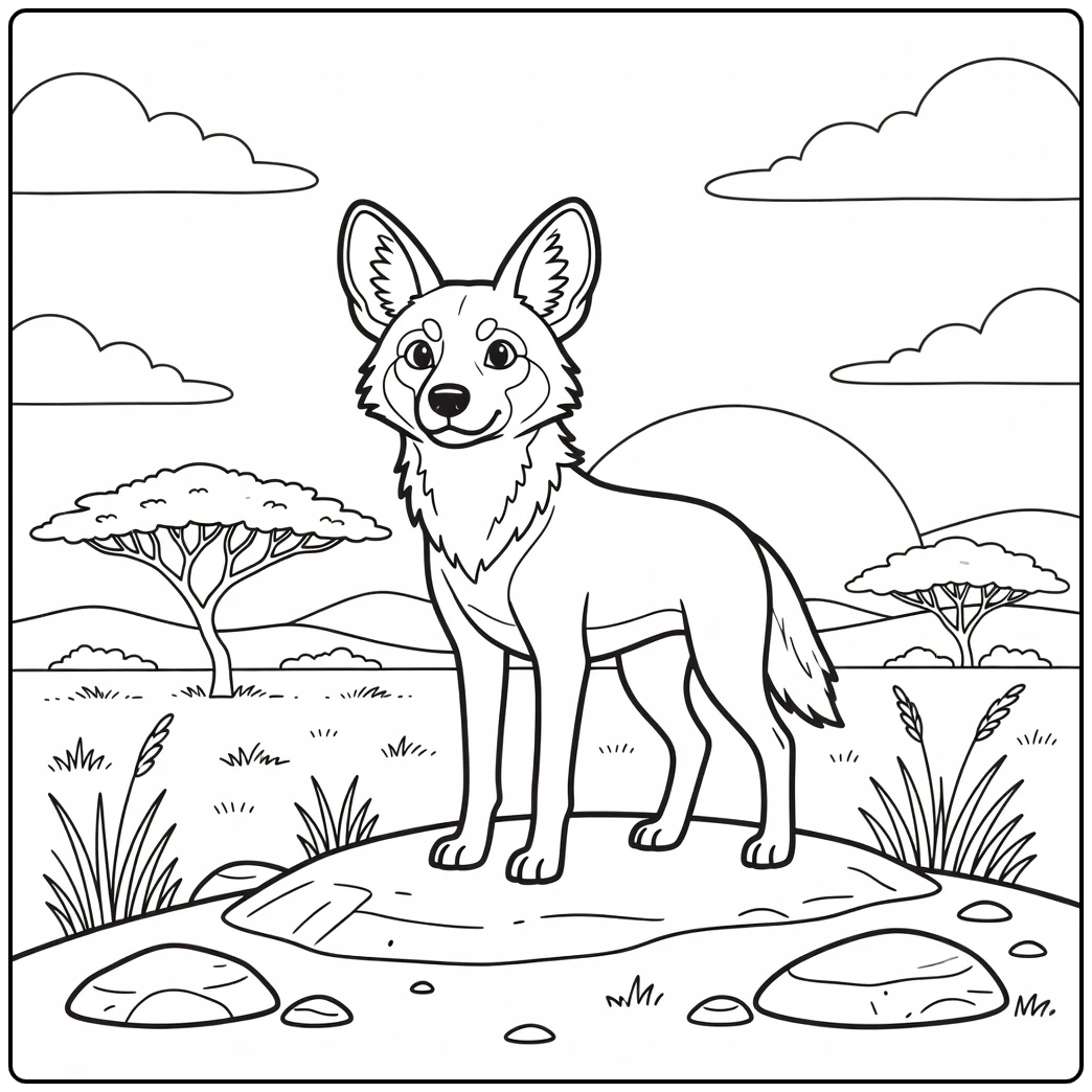 An alert cartoon wild dog coloring page on a savanna rise.
