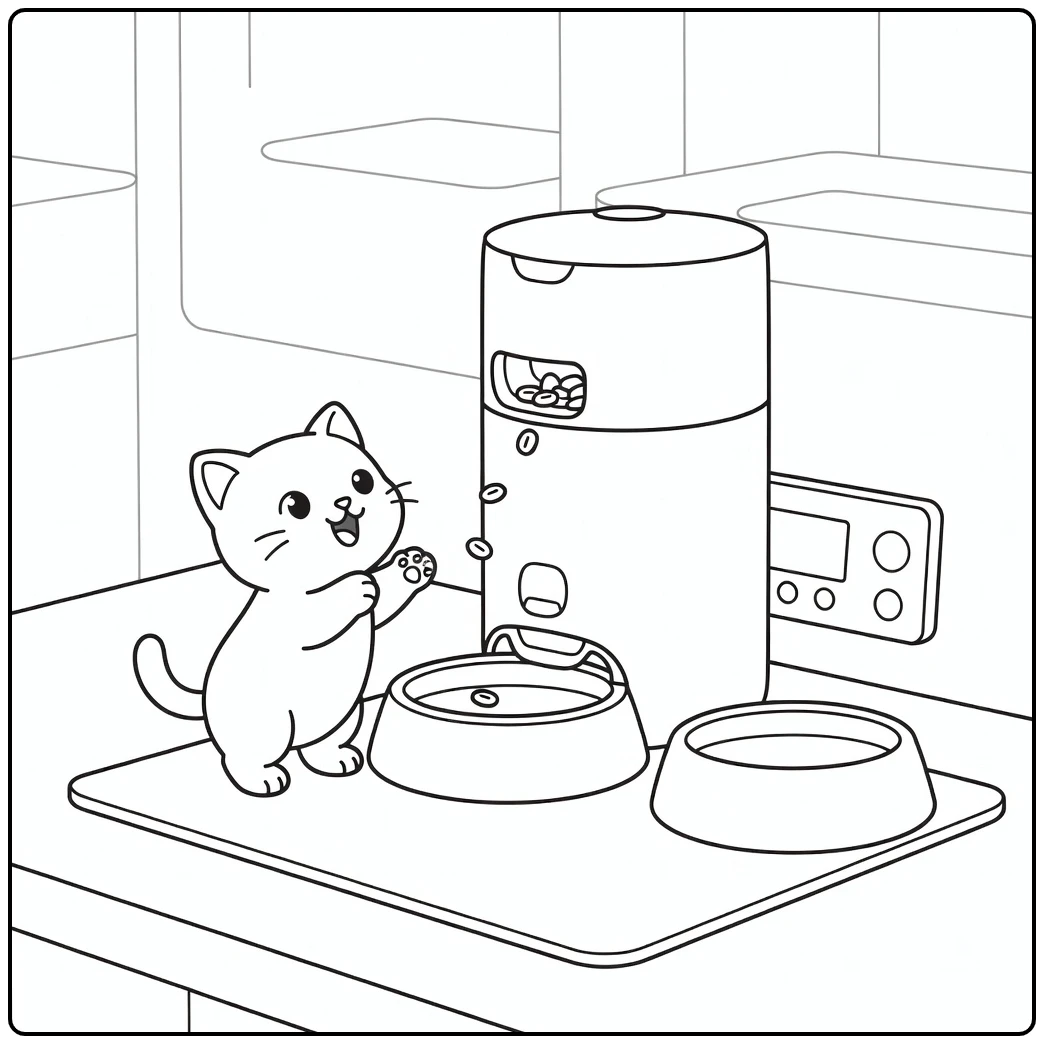 Excited kitten by auto feeder in cat food coloring pages