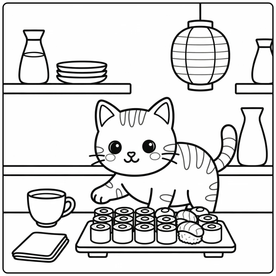 Sushi cat coloring pages: tabby sniffing maki rolls on counter