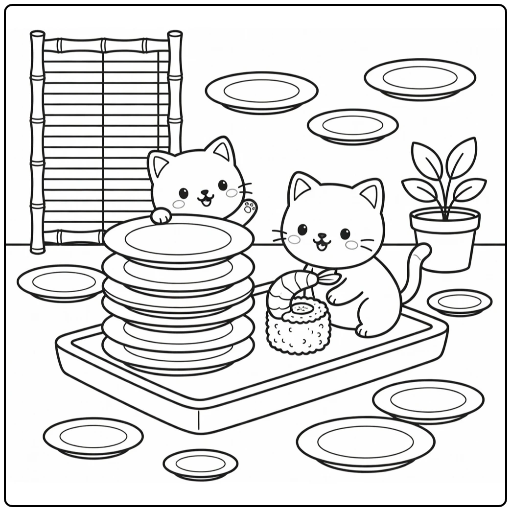 Sushi cat coloring pages: tiny cats peeking at sushi plates
