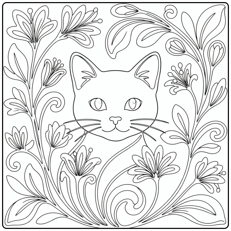 Elegant Art Nouveau cat head coloring pages with floral vines