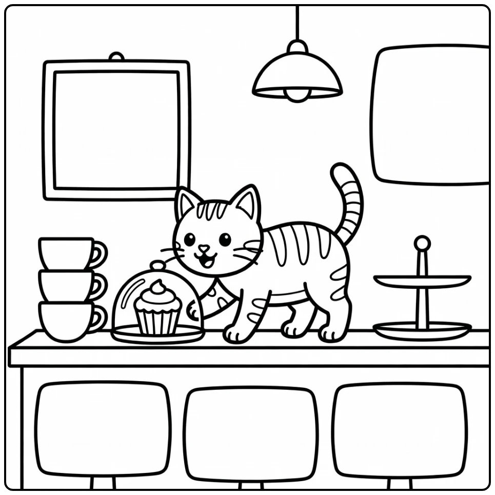 Playful tabby cat sniffing cupcake in cat cafe coloring pages