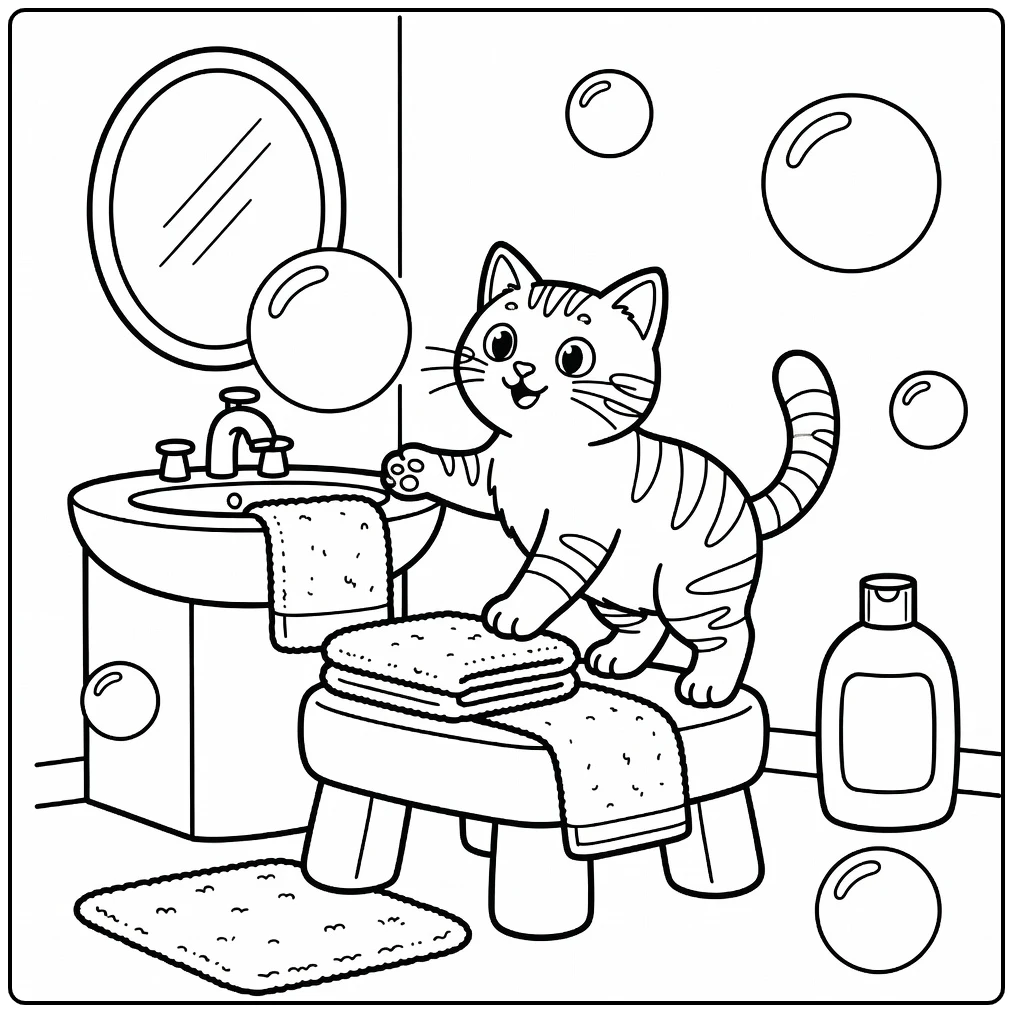 Tabby cat coloring pages: paw up at bubble on stool