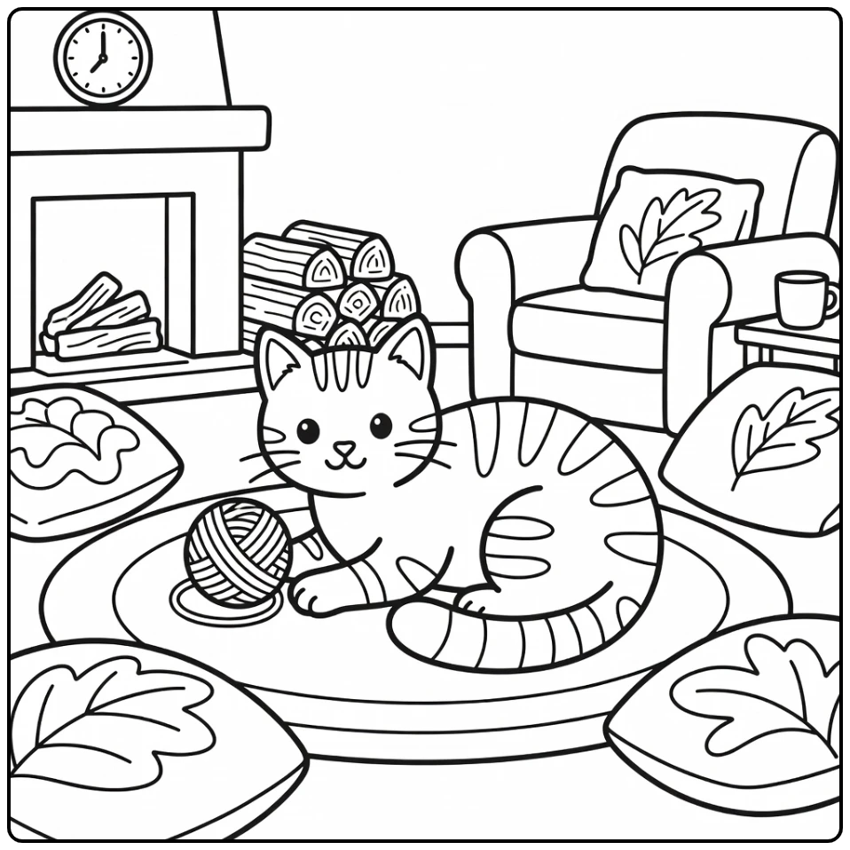Tabby cat coloring pages: curled cat eyes yarn by hearth